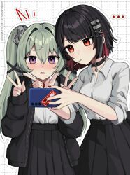 alternate_costume cellphone corin_wickes ellen_joe long_hair multiple_girls phone school_uniform short_hair smartphone twintails zenless_zone_zero