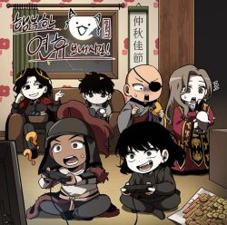  ? arm_guards bald biyoo_(omniscient_reader's_viewpoint) black_hair black_jacket black_shirt bob_cut borrowed_clothes cha_sangkyung character_doll chibi chibi_only chinese_text controller couch crossed_ankles curtains doll eyepatch full_body group_picture gu_daesung han_donghoon_(omniscient_reader's_viewpoint) han_sooyoung head_wreath helmet highres holding holding_controller indoors jacket jung_youngho knees_up korean_text min_jiwon night non-web_source official_art omniscient_reader's_viewpoint red_robe robe shirt short_hair shoulder_pads sitting television trait_connection translation_request window 