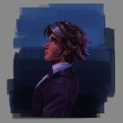  1boy adventure_time aegyo_sal black_coat black_hair blue_sky bow bowtie coat coeurdeluciole collared_shirt from_side glasses grey_eyes highres light_frown looking_to_the_side male_focus night parody shirt short_hair sideburns simon_petrikov single_hair_streak sky solo star_(sky) starry_sky style_parody white_shirt white_streaks 