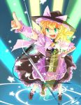  blonde_hair braid curiosities_of_lotus_asia green_eyes hair_ribbon hand_on_hip hat hips kirisame_marisa long_hair mary_janes microphone microphone_stand ribbon shoes solo taker touhou wrist_cuffs 