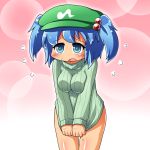  alternate_costume blue_eyes blush bottomless breasts covering covering_crotch embarrassed hair_bobbles hair_ornament hat jinnouchi_akira kawashiro_nitori naked_sweater no_pants ribbed_sweater shirt_tug short_hair simple_background solo sweater sweater_tug touhou twintails wide_hips 