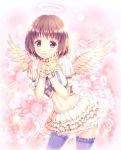  1girl angel angel_wings brown_hair flower halo kurage_(kurakurapix) navel short_hair skirt smile solo thigh-highs violet_eyes wings 