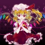  arms_up ascot blonde_hair bloomers bow eyelashes flandre_scarlet frills gate hand_on_own_face hands_together hat hat_ribbon iris_anemone looking_at_viewer open_hand purple_background red_eyes red_string ribbon shirt short_hair short_sleeves side_ponytail skirt smile solo standing string thread touhou vest wind wings 