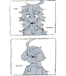  2girls asticassia_school_uniform commentary curly_hair english_commentary english_text greyscale gundam gundam_suisei_no_majo jaywuzhere long_hair looking_at_another miorine_rembran monochrome multiple_girls parted_lips school_uniform suletta_mercury sweat thick_eyebrows 