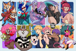  animal_ears animal_nose black_dress black_eyes blonde_hair blue_hair blush bow bowtie brown_hair cartoonized colored_skin crossover crown dark-skinned_female dark-skinned_male dark_skin demon demon_girl demon_horns demon_tail dragon dress earrings elf english_text eyelashes eyeshadow fox fox_boy fox_ears fox_tail furry glasses green_eyes green_hair hair_bun hat hazbin_hotel hellaverse helluva_boss highres horns jewelry kat_yuusha long_hair looking_at_viewer makeup mini_crown multiple_boys multiple_girls nose open_mouth original pajamas parody pink_eyes pink_hair pink_skin pointy_ears prison_clothes purple_eyeshadow purple_hair purple_skin raccoon raccoon_boy raccoon_ears raccoon_tail red_eyes red_hair retro_artstyle shirt simple_background skull smile stuffed_animal stuffed_toy style_parody tail teeth toon_(style) white_skin witch witch_hat wolf_boy wolf_ears wyvern 
