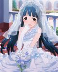  1girl bare_shoulders blue_hair blush bride brown_eyes flower gloves idolmaster idolmaster_million_live! kitakami_reika long_hair low_twintails official_art open_mouth red_eyes smile solo twintails veil wedding wedding_dress white_gloves 