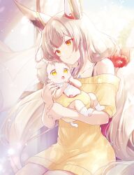  2girls animal_ears baby carrying carrying_baby carrying_person cat_ears commentary_request facial_mark grey_hair highres long_hair low_twintails mio_(xenoblade) mother_and_child multiple_girls nia_(blade)_(xenoblade) nia_(xenoblade) official_alternate_costume twintails ui_frara very_long_hair xenoblade_chronicles_(series) xenoblade_chronicles_2 xenoblade_chronicles_3 yellow_eyes 