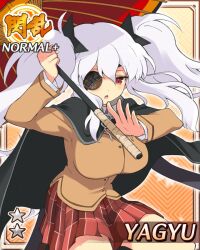  1girl :o black_cape breasts brown_jacket cape eyepatch game_cg holding holding_umbrella jacket kneeling large_breasts long_hair looking_at_viewer non-web_source official_alternate_costume official_art oil-paper_umbrella plaid_clothes plaid_skirt red_eyes red_skirt senran_kagura senran_kagura_new_wave shuriken shuriken_hair_ornament sidelocks skirt solo twintails umbrella very_long_hair wavy_hair weapon white_hair yagyu_(senran_kagura) 