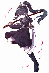  1girl armband black_boots black_eyes black_hair black_sailor_collar black_skirt boots commentary_request floating_hair hairband highres holding holding_sword holding_weapon katana long_hair long_sleeves looking_at_viewer magadori_kyoshika neckerchief okura_0915 ponytail sailor_collar simple_background skirt solo sword the_hundred_line_-last_defense_academy- weapon white_armband white_background white_hairband white_neckerchief 