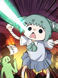  1girl 1other @_@ aqua_hair aqua_necktie black_eyes blue_skirt building burning burning_paper clenched_hands commentary daitaidai destruction emphasis_lines energy_beam feet_out_of_frame fire giant giantess hatsune_miku highres kaijuu_ni_naritai_(vocaloid) miniskirt monster mouth_beam necktie open_mouth pleated_skirt school_uniform short_sleeves short_twintails skirt smoke standing thumbs_up translated triangle_mouth twintails vest vocaloid |_| 