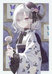  1girl absurdres beret black_bow black_bowtie black_ribbon black_shirt border bow bowtie brooch bug butterfly butterfly_hat_ornament commentary cowboy_shot cross cross_earrings cross_fleury earrings empty_picture_frame eyewear_strap fingernails floral_print floral_print_kimono flower frilled_bowtie frilled_shirt_collar frills from_side glasses grey_hair hat hat_bow hat_flower hat_ornament hat_ribbon highres holding holding_flower japanese_clothes jewelry kimono lace lace_sleeves latin_cross long_sleeves looking_at_viewer medium_hair mini_hat obi obiage original outside_border painting_(object) parted_lips paruno picture_frame print_kimono ribbon sash shirt solo standing violet_eyes watermark white-framed_eyewear white_border white_flower white_kimono wide_sleeves 