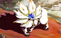  animal_focus animal_hands blue_eyes blue_sclera colored_sclera full_body isutai lion looking_at_viewer mane no_humans open_mouth outdoors pokemon pokemon_(creature) pokemon_focus solgaleo solo standing white_fur 