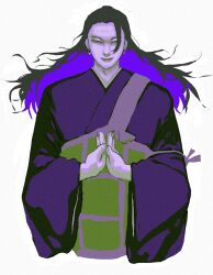  1boy black_robe domain_expansion evil_grin evil_smile floating_hair getou_suguru getou_suguru_(kenjaku) grin highres jujutsu_kaisen kesa koha_dasuima male_focus monolids mudra pale_skin plug_(piercing) red_eyes robe simple_background smile solo white_background 