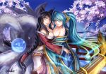  ahri ahri_(league_of_legends) animal_ears aqua_eyes aqua_hair bare_shoulders braid breast_press breasts bridge cherry_blossoms cleavage detached_sleeves facial_mark female fox_ears fox_tail gradient_hair green_hair hug japanese_clothes league_of_legends long_hair looking_at_viewer multicolored_hair multiple_girls multiple_tails night off_shoulder petals qblade smile sona_buvelle symmetrical_docking tail twintails very_long_hair yellow_eyes yuri 