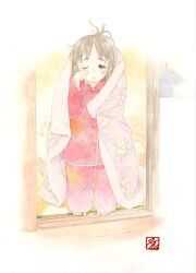  archived_source blanket brown_eyes brown_hair buttons child chitose closed_mouth collared_pajamas commentary frown happy_new_year holding holding_blanket indoors loose_hair_strand nostrils one_eye_closed original painting_(medium) pajamas pants parted_bangs polka_dot polka_dot_pajamas polka_dot_pants polka_dot_sleeves print_pajamas print_pants print_sleeves red_pajamas red_pants sidelocks sleepy stamp_mark tanaka_kunihiko traditional_media watercolor_(medium) wing_collar 