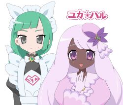  2girls apron closed_mouth dark-skinned_female dark_skin dress eyelashes fascinator gloves green_hair hand_up hat_ornament highres jacinthe_(pokemon) juliet_sleeves lebanne_(pokemon) long_hair long_sleeves master_and_servant mega_stone multiple_girls mys_e4 open_mouth pokemon pokemon_legends:_z-a puffy_sleeves purple_dress smile tilted_headwear violet_eyes white_apron white_gloves 