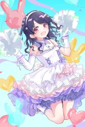  1girl asymmetrical_gloves balloon black_hair blue_background boots cheering cheerleader commentary_request dress elbow_gloves fangs frilled_dress frills fukumaru_koito gloves hair_ornament hairband hairclip hashtag-only_commentary heart_balloon highres holding holding_pom_poms idolmaster idolmaster_shiny_colors kiri_meee layered_dress layered_skirt long_hair looking_at_viewer open_mouth pom_pom_(cheerleading) rabbit_balloon single_elbow_glove skin_fangs skirt sleeveless sleeveless_dress socks solo twintails two_side_up uneven_gloves violet_eyes white_dress white_gloves white_socks 