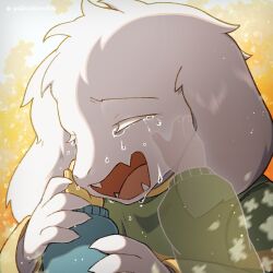  1:1 1boy 2024 2d 2others animal_ears anthro artist_name asriel_dreemurr blue_sweater chara_(undertale) child closed_eyes crying digital_media droopy_ears fangs floppy_ears forut_dondon frisk_(undertale) furry furry_male goat goat_boy goat_ears gradient_background green_sweater hand_on_another's_cheek highres horizontal-striped_clothes human male male_focus mammal monster monster_boy multiple_others open_mouth orange_background other_pov portrait pov pov_hands simple_background skin_fangs solo_focus striped_clothes striped_sweater sweater tears trio twitter_username two-tone_sweater undertale utdr_(toby_fox) white_background white_fur yellow_stripes 