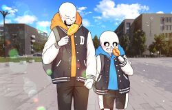  2022 2boys 2d alternate_costume backpack bad_id bad_link bad_twitter_id black_jacket black_pants black_shorts blue_hood blue_hoodie blue_sky brothers building closed_eyes clouds corn_dog day digital_media duo food gloves height_difference highres holding holding_food holding_hands hollow_eyes hood hood_down humanoid jacket ketchup looking_down male male_focus male_only monster monster_boy multiple_boys mustard open_clothes open_jacket orange_hood orange_hoodie outdoors pants papyrus_(undertale) s2ames2 sans_(undertale) shorts siblings single_vertical_stripe skeleton sky socks striped_shorts teeth tree two-tone_jacket unbuttoned unbuttoned_jacket undead undertale uniform utdr_(toby_fox) vertical-striped_clothes vertical-striped_shorts white_gloves white_jacket white_sleeves white_stripes 