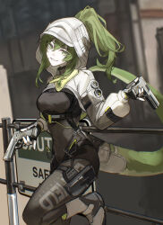  1girl :d arknights arknights:_endfield black_bodysuit black_gloves blurry blurry_background bodysuit boots breasts day depth_of_field dual_wielding english_text fingerless_gloves fluorite_(arknights) genieko gloves green_eyes green_hair grin gun highres holding holding_gun holding_weapon hood hood_up knee_boots leg_up long_hair long_sleeves looking_at_viewer medium_breasts outdoors parted_lips ponytail shrug_(clothing) sign smile snake_tail solo standing standing_on_one_leg tail tail_through_clothes weapon white_boots 