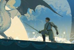  1boy armor black_gloves claws clouds dragon dragon_wings fantasy flower gloves haikyuu!! highres holding holding_sword holding_weapon kneeling knight lingcod_dayu male_focus monster oikawa_tooru_(haikyuu!!) scales sword weapon western_dragon white_dragon wings 