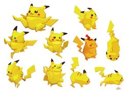  :3 all_fours bbibebe blush_stickers commentary hat highres kicking multiple_views no_humans party_hat pikachu pokemon pokemon_(creature) red_hat signature simple_background standing super_smash_bros. white_background 