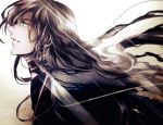  1boy blue_eyes earrings izumi-no-kami_kanesada jewelry kuina_(escapegoat) long_hair male_focus monochrome profile solo spot_color touken_ranbu 