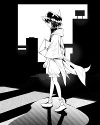  1other androgynous ankle_socks bare_legs chinese_commentary closed_mouth coattails collared_shirt commentary_request detached_hood english_commentary envelope expressionless frilled_headwear frilled_shorts frills from_side full_body greyscale hair_between_eyes hallway hat high_collar highres holding holding_envelope hood hood_down hooded_jacket indoors jacket len&#039;en long_sleeves looking_ahead mixed-language_commentary mob_cap monochrome other_focus pointy_nose puffy_shorts shadow shirt shitodo_kuroji shoes short_hair shorts skyline socks solo standing triangular_headpiece walking wide_sleeves yancao_(pixiv_103434280) zipper 