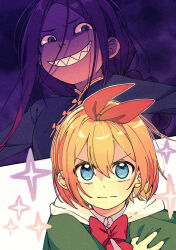  1boy 1girl aged_down blonde_hair blue_eyes bow bow_hairband bowtie braid capelet closed_mouth evil_grin evil_smile green_capelet grin hair_between_eyes hair_ribbon hairband highres hood hood_down long_hair looking_at_viewer orange_hair petra_leyte purple_hair re:zero_kara_hajimeru_isekai_seikatsu red_bow red_bowtie red_hairband red_ribbon ribbon roy_alphard sharp_teeth shirt short_hair smile sparkle teeth upper_body yuyuyu9526 