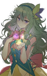  1girl back_bow bad_id bad_pixiv_id bare_arms blush bow bowtie breasts butterfly_hair_ornament buttons cleavage_cutout closed_mouth clothing_cutout cross-laced_clothes fur-trimmed_vest fur_trim green_hair green_vest hair_between_eyes hair_ornament hairband hands_up headband highres iwatnc kusanagi_nene long_hair looking_at_viewer low-tied_sidelocks pink_bow pink_bowtie project_sekai sidelocks simple_background skirt sleeveless small_breasts smile solo upper_body vest violet_eyes wavy_hair white_background yellow_skirt 