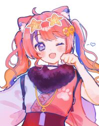  1girl ;3 ahoge ame_(am_o0zz) animal_ear_fluff animal_ear_piercing animal_ears asymmetrical_sleeves black_choker blue_eyes blue_hair blue_nails blush braid cat_ears cat_girl choker commentary eyewear_on_head fang fur_collar gradient_hair hair_ornament heart highres japanese_clothes kimono long_hair looking_at_viewer mismatched_sleeves multicolored_hair multicolored_kimono nail_polish nekomata nekoyashiki_miku nijisanji obi one_eye_closed open_mouth orange-tinted_eyewear orange_hair paw_pose paw_print red_hair red_kimono rope sash shimenawa simple_background smile solo standing star-shaped_eyewear star_(symbol) streaked_hair sunglasses symbol-only_commentary tinted_eyewear twintails twintails_with_braided_base upper_body virtual_youtuber white_background white_kimono wide_sleeves 