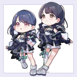  2girls black_gloves black_hair boots brown_eyes commentary_request fingerless_gloves fukumaru_koito full_body gloves highres hood idol idolmaster idolmaster_shiny_colors kiri_meee long_hair multiple_girls ponytail real_life sample_watermark see-through_clothes see-through_sleeves shorts single_thighhigh swept_bangs tajima_saran thigh-highs violet_eyes voice_actor voice_actor_connection watermark white_background white_shorts white_thighhighs 