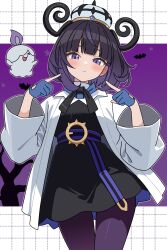  1girl absurdres black_dress black_hair blue_gloves blunt_bangs bob_cut breasts closed_eyes closed_mouth coat dress fire gloves gradient_hair gwynn_(pokemon) hat highres litwick long_sleeves looking_at_viewer mega_stone multicolored_hair odorukaminoke open_clothes open_coat open_mouth pantyhose partially_fingerless_gloves pokemon pokemon_(creature) pokemon_legends:_z-a purple_fire purple_hair short_hair small_breasts smile violet_eyes white_coat 