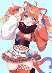  1girl :3 ahoge animal_ear_fluff animal_ear_piercing animal_ears apron aqua_background asymmetrical_sleeves black_choker blue_eyes blue_hair blue_nails blush braid brown_shoes cat_ears cat_girl cat_tail cellphone cellphone_charm chain charm_(object) checkered_clothes choker cowboy_shot eyewear_on_head frilled_skirt frills fur_collar gradient_hair gradient_tail hair_ornament hands_on_eyewear hashtag-only_commentary highres japanese_clothes kimono kimono_skirt layered_skirt long_hair long_sleeves looking_at_viewer mismatched_sleeves multicolored_hair multicolored_kimono multiple_tails nail_polish nekomata nekoyashiki_miku nijisanji obi open_mouth orange-tinted_eyewear orange_hair paw_print phone red_hair red_kimono red_thighhighs rope sash shimenawa shoes simple_background skirt smile solo standing standing_on_one_leg star-shaped_eyewear star_(symbol) streaked_hair stuffed_animal stuffed_cat stuffed_toy sunglasses tail thigh-highs tinted_eyewear toriniku_(selene1050) twintails twintails_with_braided_base two_tails virtual_youtuber waist_apron white_apron white_kimono wide_sleeves 
