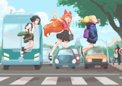  3girls abbey_road backpack bag black_hair black_skirt blonde_hair blossom_(ppg) blowing_bubble_gum blue_hoodie blue_sky bow bubbles_(ppg) bus buttercup_(ppg) car chewing_gum closed_eyes clouds crosswalk dress_shoes floating flying green_eyes hair_bow headphones hood hoodie long_hair looking_at_viewer motor_vehicle multiple_girls orange_hair outdoors pink_eyes pink_shirt powerpuff_girls red_bow road shadow shirt shoes short_hair sidewalk skirt sky smile sneakers socks street the_beatles tree twintails white_shirt white_socks zacarovs 