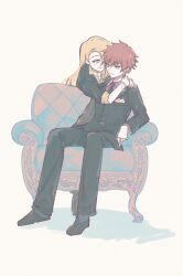  2boys :3 asymmetrical_bangs black_nails blonde_hair blue_eyes bracelet collared_shirt couch deidara_(naruto) eyeliner formal_clothes hair_down hug implied_yaoi jewelry long_hair looking_at_another m11080505 makeup male_focus multiple_boys naruto_(series) naruto_shippuuden necktie official_alternate_costume on_couch red_eyes red_hair sasori_(naruto) shirt short_hair suit white_background 