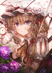  1girl alternate_eye_color arm_rest ascot blonde_hair blush collared_shirt commentary_request crystal_wings elbow_rest english_commentary flandre_scarlet flower hair_ribbon hat highres holding holding_umbrella hydrangea long_hair majamari mixed-language_commentary mob_cap nail_polish parted_lips puffy_short_sleeves puffy_sleeves purple_flower purple_nails red_ribbon red_vest ribbon shirt short_sleeves solo sparkle touhou transparent transparent_umbrella umbrella upper_body vest violet_eyes white_hat white_shirt wings yellow_ascot 