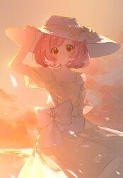 1girl arm_up ayase_naru bare_shoulders bow brown_eyes closed_mouth clouds cowboy_shot dress hand_on_headwear hashtag-only_commentary hat hat_ribbon highres lalu_(laluuu_0) looking_at_viewer off-shoulder_dress off_shoulder outdoors pink_hair pretty_rhythm pretty_rhythm_rainbow_live pretty_series ribbon short_hair short_sleeves sidelighting sky smile solo standing sun_hat sunset white_bow white_hair wind yellow_dress 
