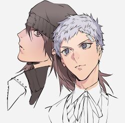  2boys absurdres aki_00 aragaki_shinjirou bandaid bandaid_on_face bandaid_on_forehead beanie black_sweater brown_eyes brown_hair closed_mouth coat collared_shirt commentary_request from_side gekkoukan_high_school_uniform grey_background grey_eyes grey_hair hair_between_eyes hat highres long_hair male_focus multiple_boys neck_ribbon persona persona_3 portrait profile ribbon sanada_akihiko school_uniform shirt short_hair sweater sweater_vest turtleneck turtleneck_sweater upper_body 