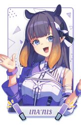  1girl asymmetrical_clothes asymmetrical_sleeves blue_eyes gradient_hair highres hololive hololive_english hololive_idol_uniform_(color_rise) long_hair mole multicolored_hair multicolored_shirt ninomae_ina&#039;nis official_alternate_costume purple_hair simple_background smile solo virtual_youtuber yokura_(yukilina) 