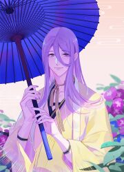  1boy blue_umbrella commentary_request egasumi eyelashes flower hachisuka_kotetsu hair_between_eyes holding holding_umbrella long_hair looking_at_viewer male_focus morning_glory ncww_rinichi oil-paper_umbrella purple_hair purple_nails solo touken_ranbu umbrella upper_body very_long_hair violet_eyes wide_sleeves 