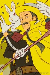  1boy ace_attorney apollo_justice:_ace_attorney artist_name belt cape facial_hair feathers gloves grey_hair hat highres holding holding_wand karina_mata long_sleeves mustache rabbit solo valant_gramarye wand white_feathers white_gloves yellow_background yellow_cape yellow_hat 