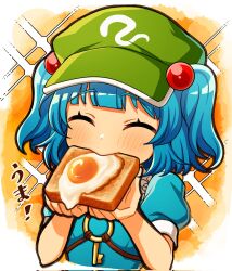  1girl blue_hair blush bread bread_slice closed_eyes commentary_request corrupted_twitter_file cropped_torso eating food fried_egg fried_egg_on_toast hair_bobbles hair_ornament hat highres holding holding_food ishiki_nuru kawashiro_nitori key short_hair short_sleeves solo toast touhou translation_request two_side_up 