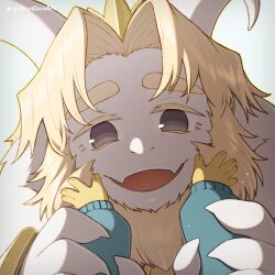  1:1 1boy 1other 2024 2d animal_ears anthro arm_grab artist_name asgore_dreemurr beard blonde_hair blue_sweater child crown digital_media droopy_ears duo facial_hair fangs floppy_ears forut_dondon frisk_(undertale) furry furry_male goat goat_boy goat_ears goat_horns grey_eyes hands_on_another's_cheeks height_difference highres horns human looking_at_viewer male male_focus mammal monster monster_boy open_mouth other_pov portrait pov pov_hands simple_background size_difference skin_fangs solo_focus sweater twitter_username undertale utdr_(toby_fox) white_background white_fur white_horns 