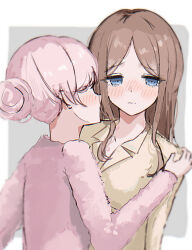  2girls bang_dream! bang_dream!_it&#039;s_mygo!!!!! blue_eyes blush brown_hair chihaya_anon commentary_request hair_bun highres long_hair multiple_girls nagasaki_soyo opuricheri pajamas pink_hair pink_shirt shirt sidelocks single_hair_bun wavy_mouth yellow_shirt yuri 