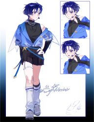  1boy adjusting_headset alternate_costume armor armpit_crease arms_at_sides belt black_bridal_gauntlets black_shirt black_shorts black_socks blue_belt blue_shirt blue_sleeves blunt_ends bodysuit bridal_gauntlets character_profile closed_mouth cnorkie contemporary covered_collarbone earrings eyeliner eyeshadow full_body furisode_sleeves garter_belt genshin_impact gold_ring hakama hakama_shorts hand_on_own_hip headset highres idol japanese_armor japanese_clothes jewelry kneehighs kote kurokote lapels layered_shirt leg_warmers looking_at_viewer looking_to_the_side makeup male_focus mandarin_collar mid-stride middle_ring off_shoulder pectorals pleated_shorts purple_pupils red_eyeliner red_eyeshadow scaramouche_(genshin_impact) see-through_clothes see-through_sleeves shirt shoes short_sleeves shorts signature socks solo sweat teeth tsurime turtleneck turtleneck_bodysuit twitter_username upper_teeth_only violet_eyes wanderer_(genshin_impact) white_background white_leg_warmers white_shoes wispy_bangs 