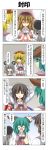  4koma 5girls alternate_costume animal_ears apron aqua_hair black_hair blonde_hair closed_eyes comic gradient_hair hair_ornament highres hijiri_byakuren houjuu_nue kasodani_kyouko long_image mouse_ears multicolored_hair multiple_girls nazrin o_o open_mouth rapattu red_eyes short_hair tall_image toramaru_shou touhou translated wings 