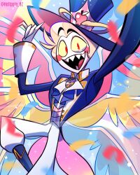  1boy :d apple arms_up artist_name ascot blonde_hair blue_boots blue_coat blue_hat blue_wings boots brooch circle_facial_mark coat coattails colored_sclera colored_skin commentary confetti english_commentary feet_out_of_frame food fruit gloves hand_on_headwear hat hazbin_hotel hellaverse hellpple_hz highres jewelry lgbt_pride looking_at_viewer lucifer_morningstar_(hazbin_hotel) male_focus multicolored_wings multiple_wings open_mouth pansexual_flag pants pentagram pink_vest pink_wings red_eyes sharp_teeth short_hair smile snake solo sparkle striped_clothes striped_vest teeth top_hat twitter_username vest white_ascot white_gloves white_pants white_skin wings yellow_sclera yellow_wings 