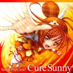  boots bow character_name cure_sunny dress fire hino_akane magical_girl open_mouth orange_(color) orange_background orange_dress orange_eyes orange_hair perspective ponytail precure sekken_kasu_barrier skirt smile_precure! solo thigh-highs thigh_boots thighhighs tiara title_drop wrist_cuffs 