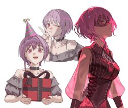  1girl amoris_(bang_dream!) bang_dream! bang_dream!_it&#039;s_mygo!!!!! bare_shoulders black_choker black_corset black_mask black_shirt box breasts choker closed_mouth collared_shirt commentary_request corset cropped_torso gift gift_box grey_shirt hat highres holding holding_box kouhiipan long_sleeves looking_at_viewer medium_breasts multiple_views off-shoulder_shirt off_shoulder one_eye_closed open_mouth party_hat pink_eyes puffy_long_sleeves puffy_sleeves purple_hair see-through_clothes see-through_sleeves shirt short_hair simple_background upper_body v white_background yuutenji_nyamu 
